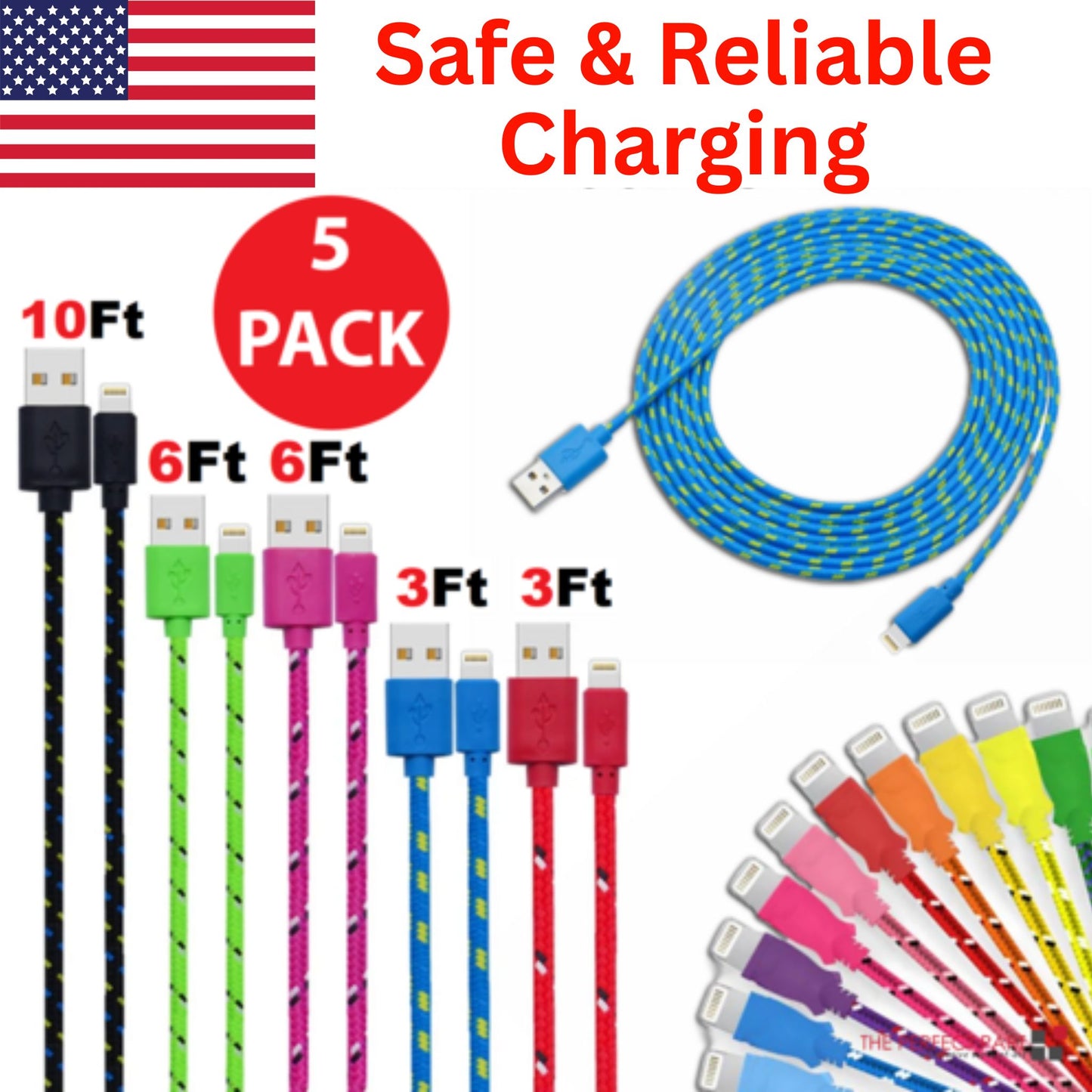 Charging Data Cable 5 Pack 3/6/10ft Charger Nylon Braided For Apple