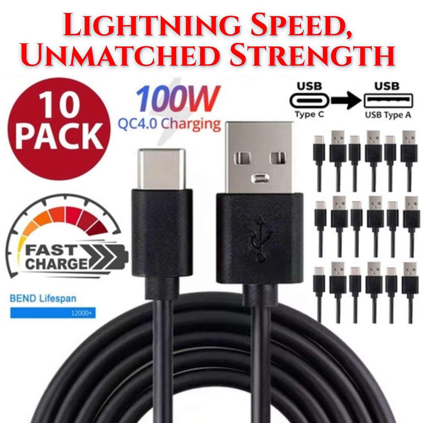 10-Pack Type-C Charging Cords – USB-A to USB-C Fast Charge Cables for Android Devices